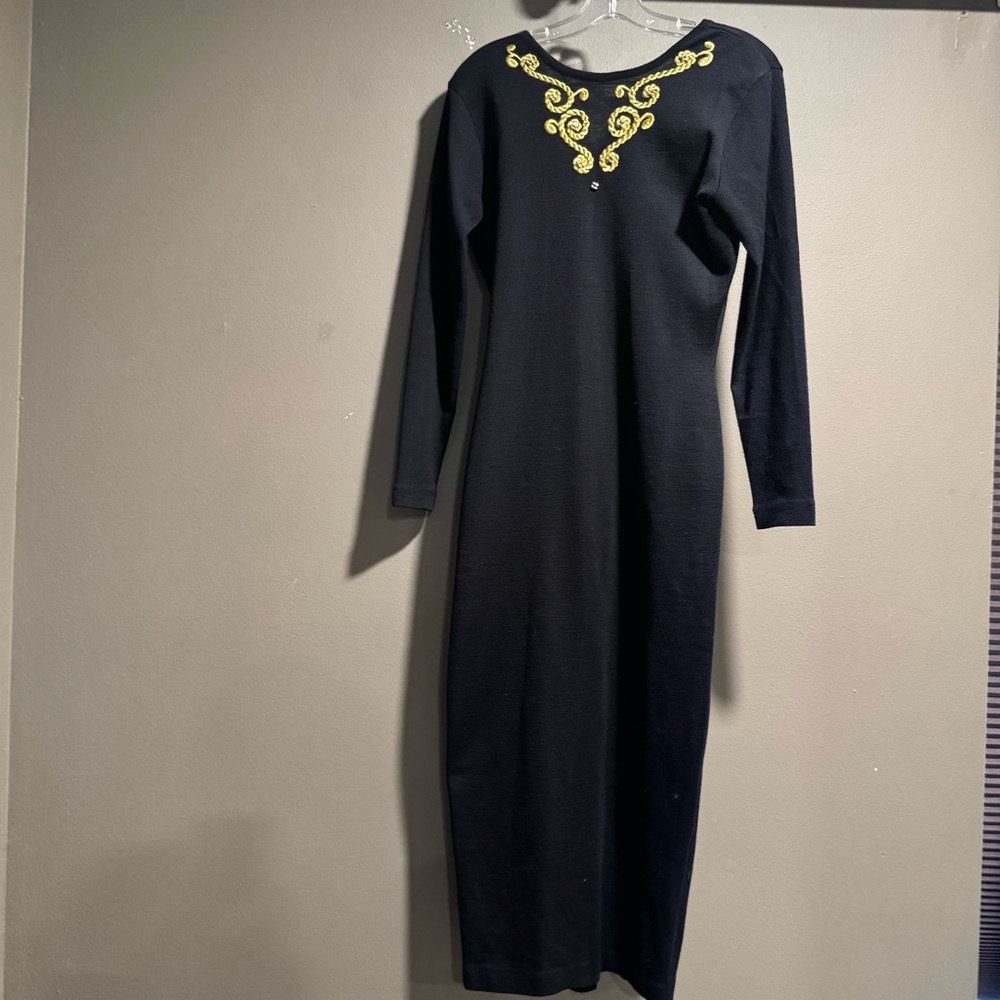 Fusion Wool Blend Vintage Black Dress Gold Embroidery Plunging V Back Size Small